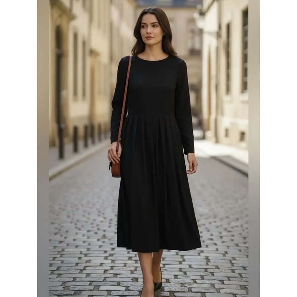 Orvis Black Vintage Modest Pleated Long Sleeve Round Neck Back Zip Midi Dress 12